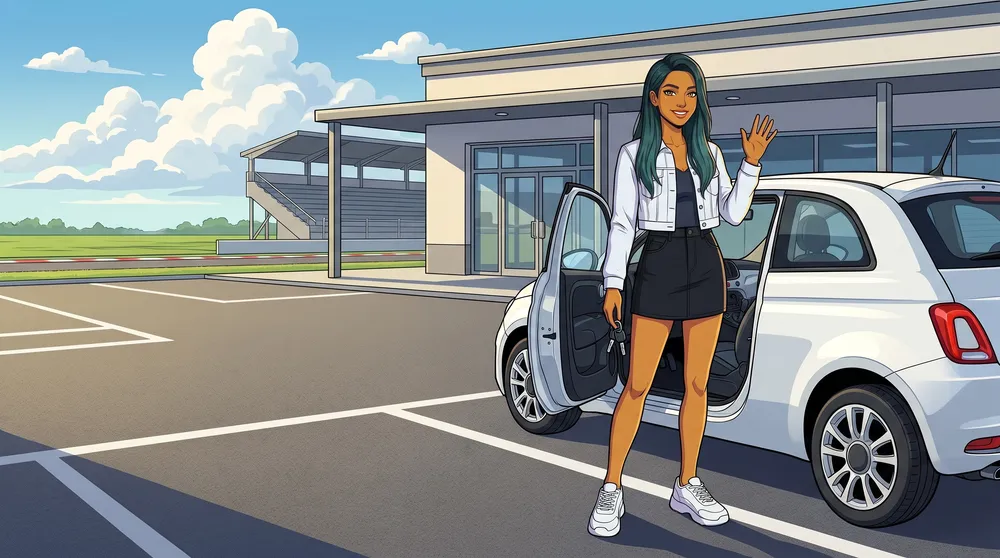 The same drawn character waves beside a small white car in a quiet parking lot, a low glass-fronted building and a grandstand behind her.