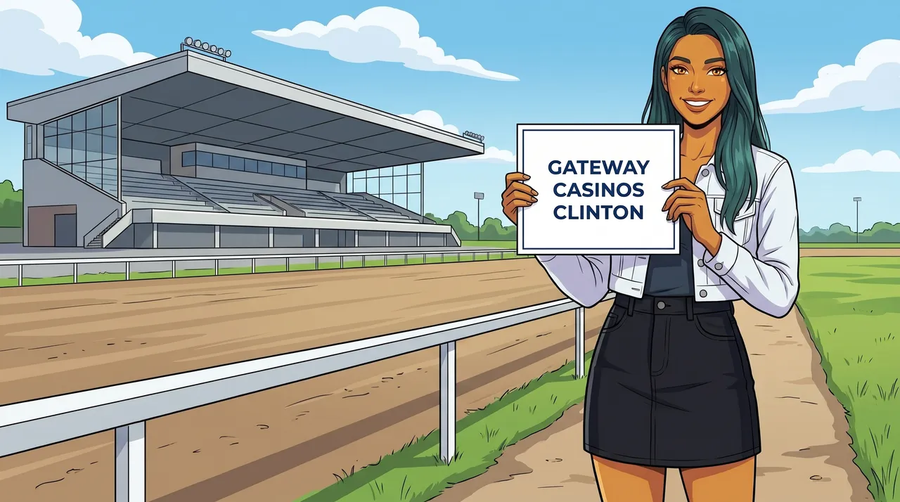 Drawn character created for this guide: a young woman with long teal-tinted dark hair, a cropped white jacket and a black denim mini skirt stands at the rail of a harness track, holding a card that reads Gateway Casinos Clinton.